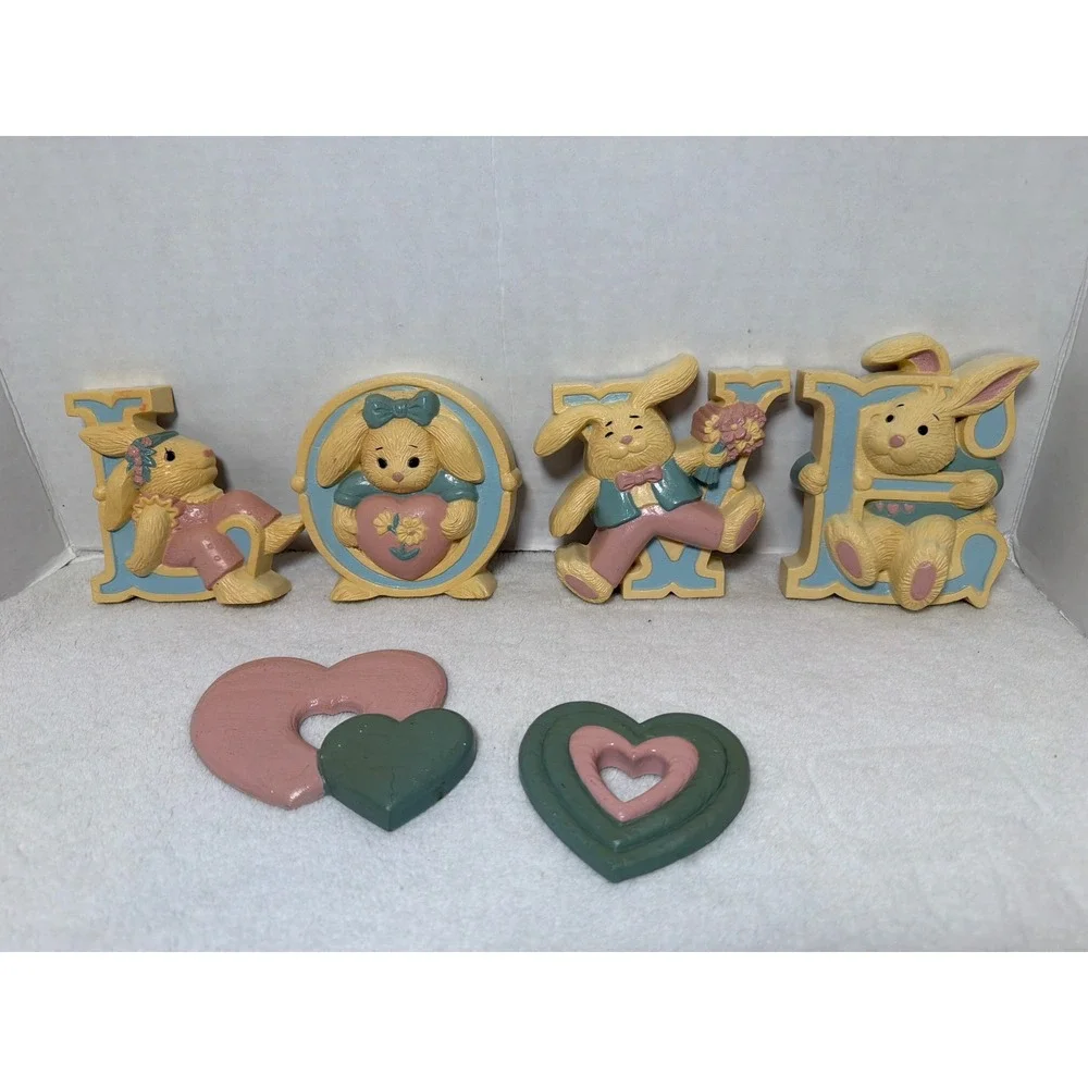 Vintage 1987 & 1982 Burwood Bunny Rabbit LOVE Wall Decor 6 Piece Set Made in USA